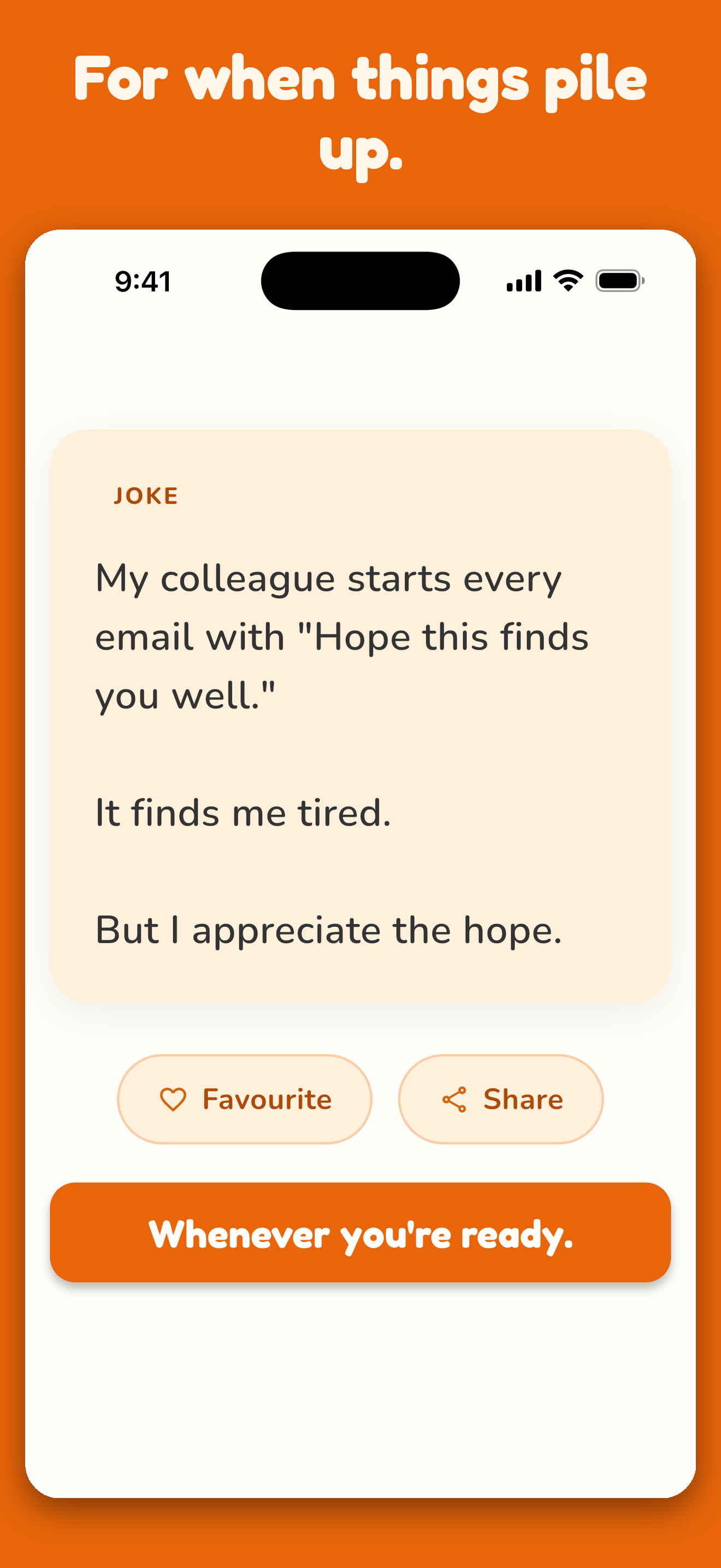 A joke card in the Noodle app, with Favourite and Share buttons