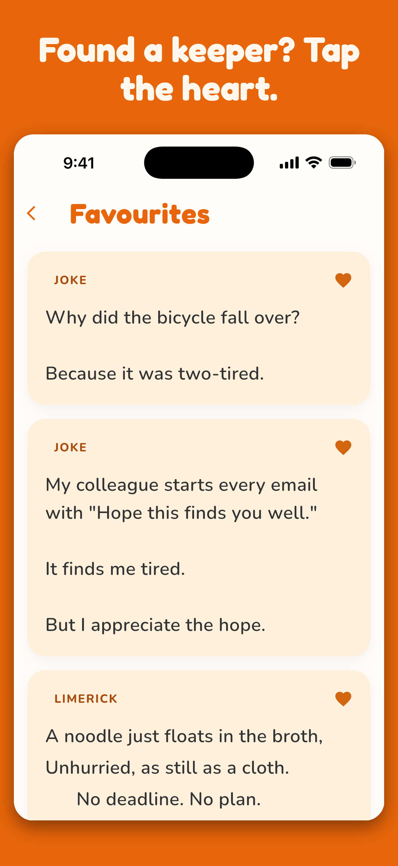 The Noodle Favourites screen, showing saved jokes and a limerick